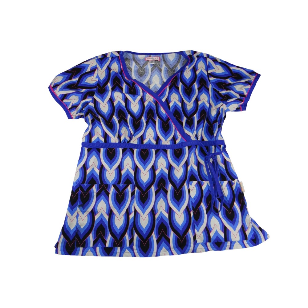 Koi by Kathy Peterson Women 2X Blue Geometric Print Mock Wrap Scrub Top 4468